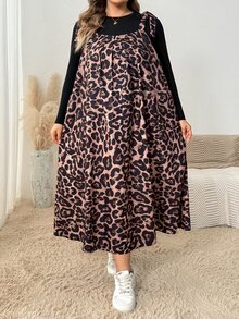 SHEIN CURVE+ Gaun Wanita Ukuran Besar Musim Panas Motif Leopard Cokelat Longgar dengan Tali Bahu, Gaun Formal Liburan Kasual Hitam Gaya Boho - Coklat - View 6