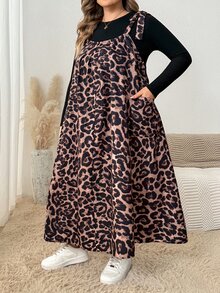 SHEIN CURVE+ Gaun Wanita Ukuran Besar Musim Panas Motif Leopard Cokelat Longgar dengan Tali Bahu, Gaun Formal Liburan Kasual Hitam Gaya Boho - Coklat - View 3