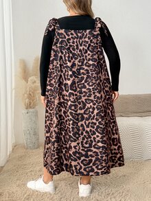 SHEIN CURVE+ Gaun Wanita Ukuran Besar Musim Panas Motif Leopard Cokelat Longgar dengan Tali Bahu, Gaun Formal Liburan Kasual Hitam Gaya Boho - Coklat - View 2