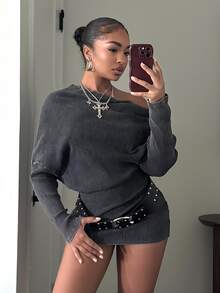 Muchica Dark Grey Long-Sleeved Off-Shoulder Pleated Washed Slim-Fit Mini Dress,Asymmetrical One-Shoulder Design Autumn Casual Night Out Everyday Work - Black - View 1