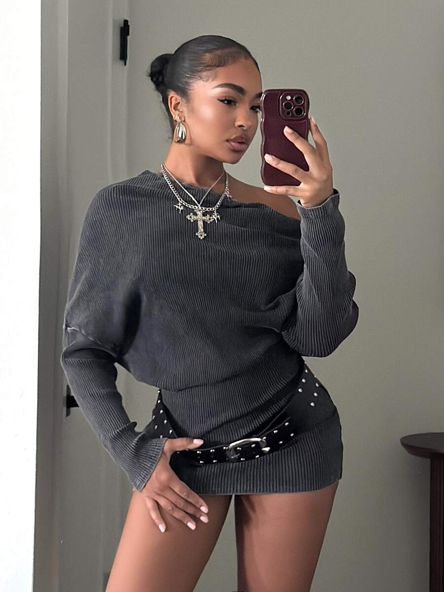 Muchica Dark Grey Long-Sleeved Off-Shoulder Pleated Washed Slim-Fit Mini Dress,Asymmetrical One-Shoulder Design Autumn Casual Night Out Everyday Work - Black - View 1