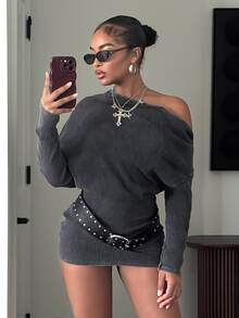 Muchica Dark Grey Long-Sleeved Off-Shoulder Pleated Washed Slim-Fit Mini Dress,Asymmetrical One-Shoulder Design Autumn Casual Night Out Everyday Work - Black - View 3