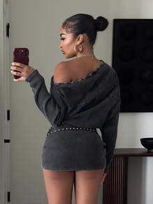 Muchica Dark Grey Long-Sleeved Off-Shoulder Pleated Washed Slim-Fit Mini Dress,Asymmetrical One-Shoulder Design Autumn Casual Night Out Everyday Work - Black - View 2