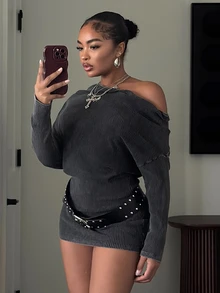 Muchica Dark Grey Long-Sleeved Off-Shoulder Pleated Washed Slim-Fit Mini Dress,Asymmetrical One-Shoulder Design Autumn Casual Night Out Everyday Work - Black - View 5
