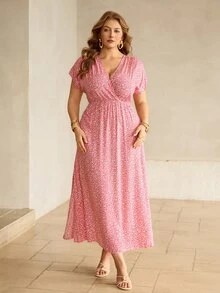 Roveilla 大尺碼 V 領碎花短袖休閒波西米亞哥德風長洋裝，聖誕節女裝，約會之夜度假穿搭，灰玫瑰色，夏季 - 粉色 - 查看 3