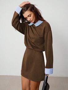 Hanevo Collared Striped Patchwork Long Sleeve Sporty Casual Collegiate Style Dress For Women - Brown - View 5