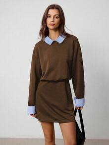 Hanevo Collared Striped Patchwork Long Sleeve Sporty Casual Collegiate Style Dress For Women - Brown - View 3