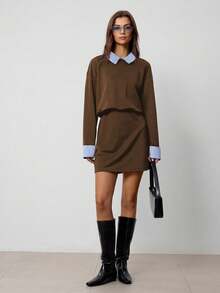 Hanevo Collared Striped Patchwork Long Sleeve Sporty Casual Collegiate Style Dress For Women - Brown - View 6