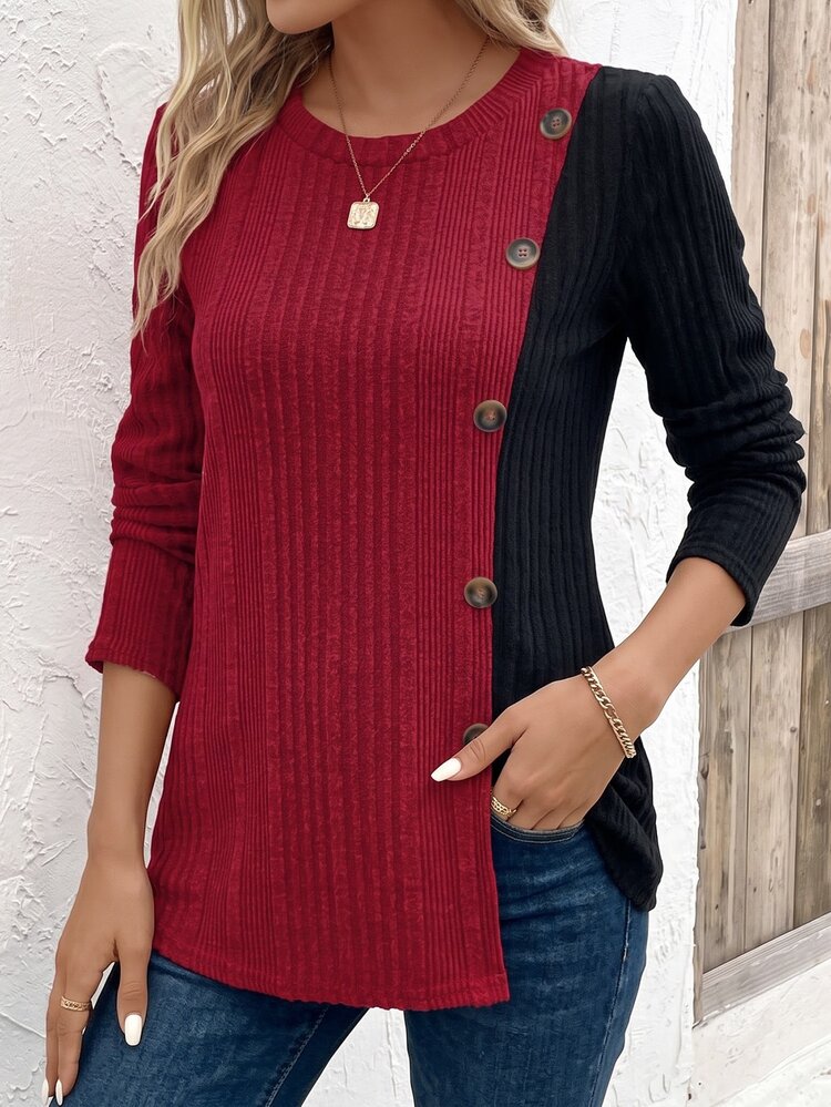 EMERY ROSE تي شيرت طويل الأكمام بتصميم ألوان متباينة مخطط للنساء، تيشرتات جرافيك للنساء للربيع - الأحمر - مشاهدة 3