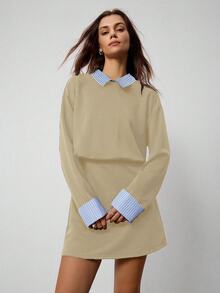 Hanevo Vestido deportivo y casual de estilo colegial con cuello, rayas y parches de manga larga para mujeres - Caqui - Ver 4