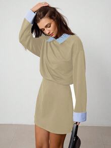 Hanevo Vestido deportivo y casual de estilo colegial con cuello, rayas y parches de manga larga para mujeres - Caqui - Ver 5