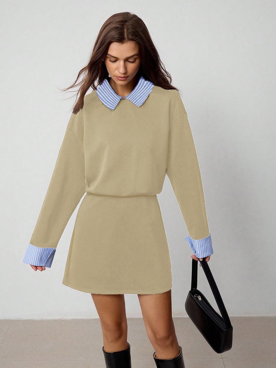 Hanevo Vestido deportivo y casual de estilo colegial con cuello, rayas y parches de manga larga para mujeres - Caqui - Ver 1