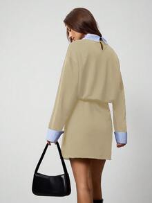 Hanevo Vestido deportivo y casual de estilo colegial con cuello, rayas y parches de manga larga para mujeres - Caqui - Ver 2