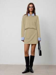 Hanevo Vestido deportivo y casual de estilo colegial con cuello, rayas y parches de manga larga para mujeres - Caqui - Ver 6