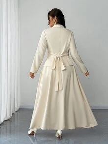 Elenzga 大码女士新款优雅春夏两件套，荷叶边系带长袖衬衫开衫，浪漫喇叭裙，商务休闲通勤装，精致优雅杏色正式套装，女士套装，商务女士优雅服装，女士连衣裙，正式服装，阿巴雅，大码女士办公室连衣裙，女士两件套套装，正式两件套，女士半身裙，正式套装，婚礼宾客菲律宾传统服饰 - 杏色 - 查看 3
