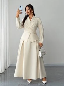Elenzga 大码女士新款优雅春夏两件套，荷叶边系带长袖衬衫开衫，浪漫喇叭裙，商务休闲通勤装，精致优雅杏色正式套装，女士套装，商务女士优雅服装，女士连衣裙，正式服装，阿巴雅，大码女士办公室连衣裙，女士两件套套装，正式两件套，女士半身裙，正式套装，婚礼宾客菲律宾传统服饰 - 杏色 - 查看 5