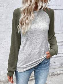 EMERY ROSE Women Contrast Color Round Neck Raglan Sleeve Long Sleeve Casual Sweatshirt, Autumn,Graduation,Teacher,Back To School Pullover Fall - Multicolor - View 5