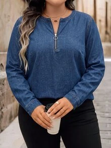 EMERY ROSE 大尺碼女款休閒日常牛仔上衣 秋冬外出穿搭 半拉鍊牛仔襯衫 萬聖節聖誕商務復古優雅鄉村風 - 藍色 - 查看 3