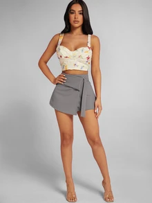Hauture High Waist O-Ring Detail Wrap Skort - Grey - View 5