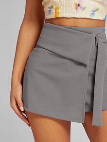 Hauture High Waist O-Ring Detail Wrap Skort - Grey - View 3