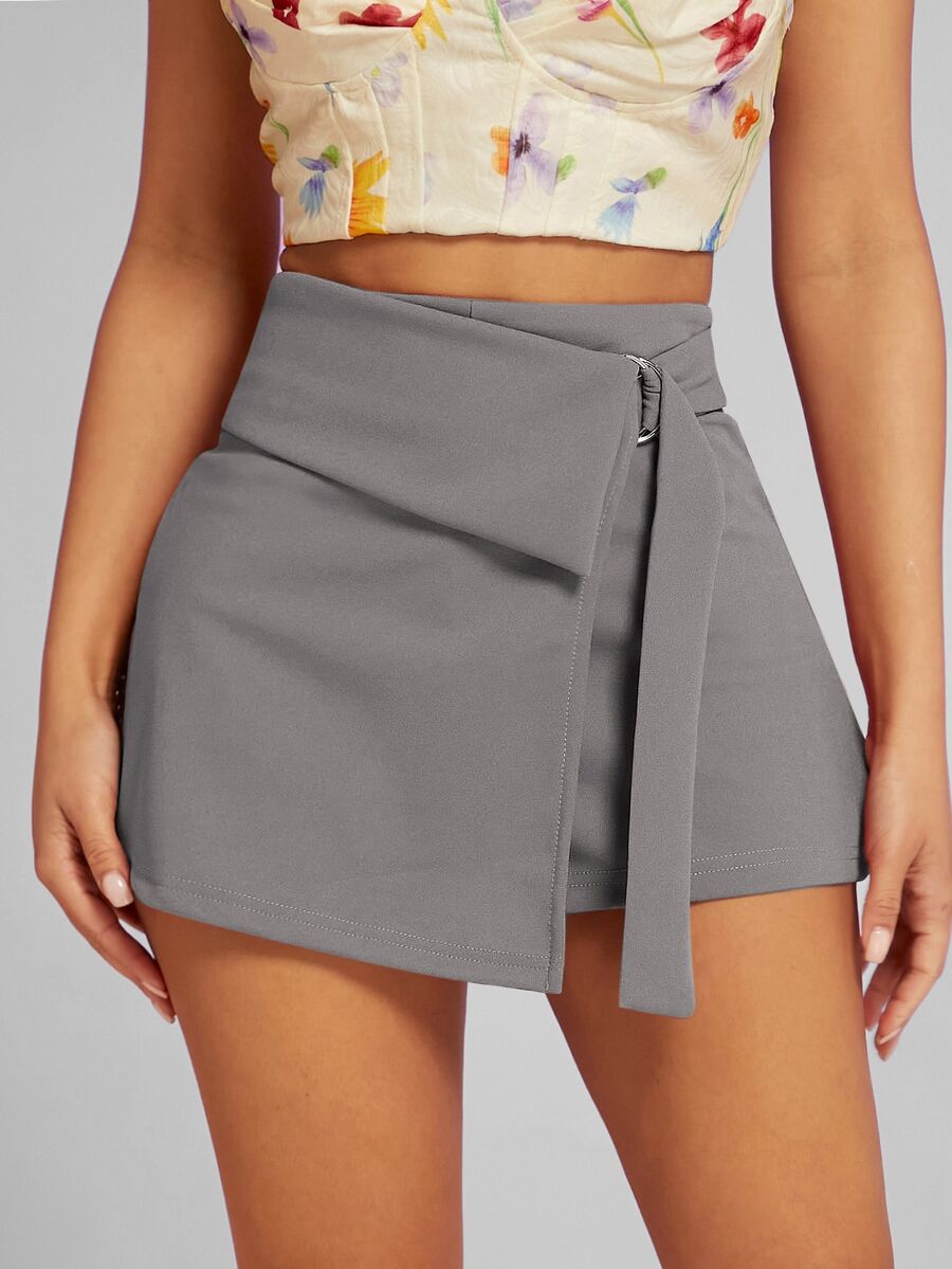 Hauture High Waist O-Ring Detail Wrap Skort - Grey - View 1