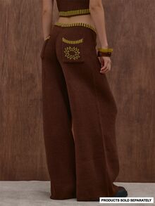 MUSERA 棕色針織對比腰帶寬腿長褲，適合秋冬季節日常、度假與休閒穿著 - 棕色 - 查看 1