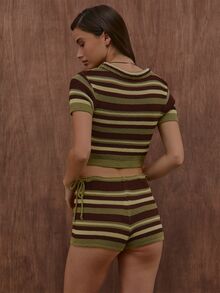 MUSERA Brown Stripe Knit Cardigan Mini Short Set Sold As Set Summer Autumn Everyday Date Night Holiday Vacation Dazed Y2k 80s Retro - Multicolor - View 5