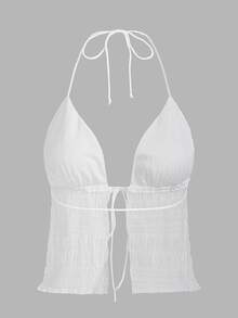 SHEIN ICON Split Hem Tie Backless Mesh Halter Y2k Top - White - View 2