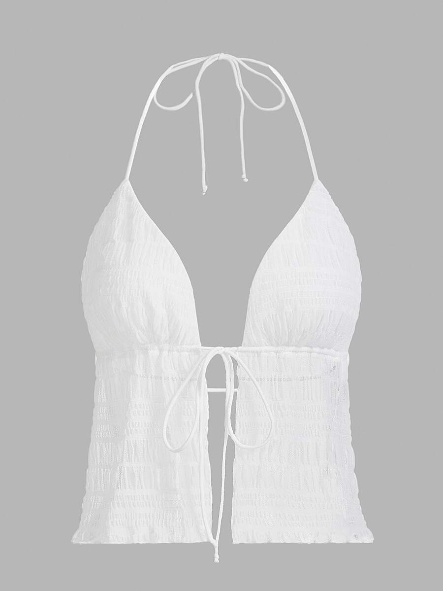 SHEIN ICON Split Hem Tie Backless Mesh Halter Y2k Top - White - View 1