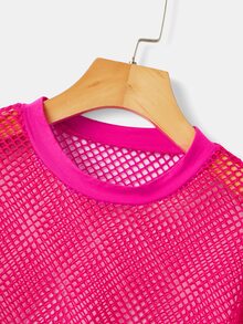 SHEIN ICON 實心編織魚網紗夏季上衣 - 玫紅色 - 查看 4