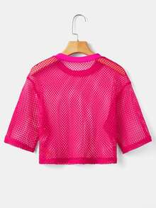 SHEIN ICON 實心編織魚網紗夏季上衣 - 玫紅色 - 查看 2
