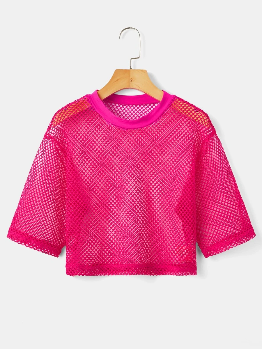 SHEIN ICON 實心編織魚網紗夏季上衣 - 玫紅色 - 查看 1