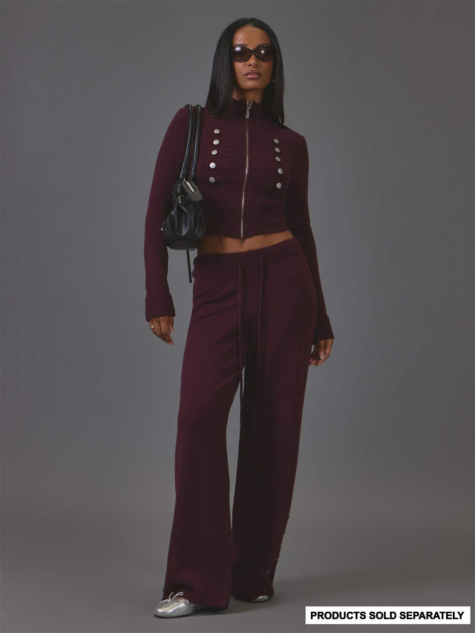 Burgandy Knit Military Detail Long Sleeve Jacket Top Winter Casual Day Outfit Comfy Outfit Cool