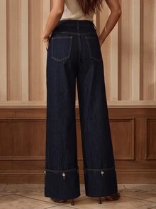 Anewsta American Vintage Straight Leg Draped Loose Casual Brand Contrast Stitching Design Cuffed Hem With Detachable Buckle Versatile Personalized Fashion Wide Leg Denim Jeans - Dark Wash - View 3