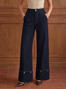Anewsta American Vintage Straight Leg Draped Loose Casual Brand Contrast Stitching Design Cuffed Hem With Detachable Buckle Versatile Personalized Fashion Wide Leg Denim Jeans - Dark Wash - View 1