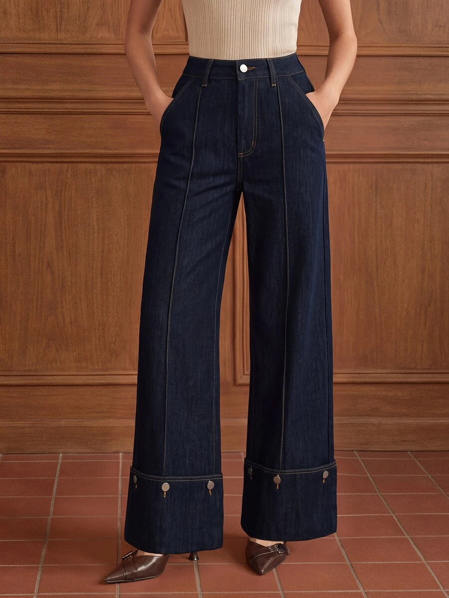 Anewsta American Vintage Straight Leg Draped Loose Casual Brand Contrast Stitching Design Cuffed Hem With Detachable Buckle Versatile Personalized Fashion Wide Leg Denim Jeans - Dark Wash - View 1