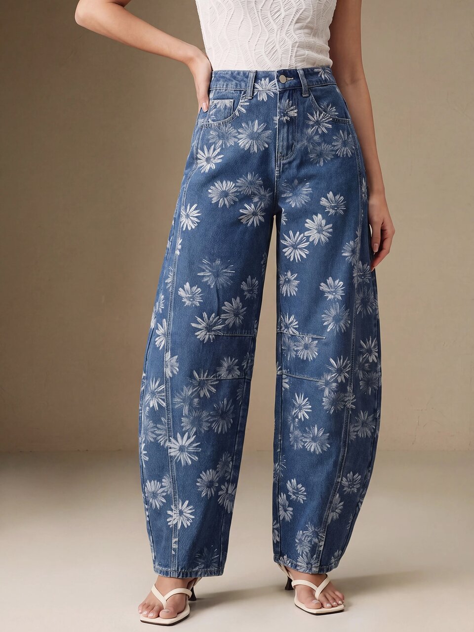 Anewsta Best-Selling Floral Print Women's Drop Crotch Curved Leg Jeans, High Waist Non-Stretch Wide Leg Fit, Fashion Campus Commute Street Artistic Youthful Vibrant Blue Washed Cropped Denim Pants