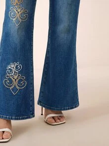 Anewsta 女款刺繡低腰修身高腰喇叭牛仔褲 - 藏蓝色 - 查看 6