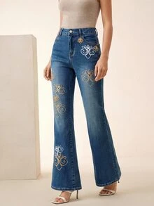 Anewsta 女款刺繡低腰修身高腰喇叭牛仔褲 - 藏蓝色 - 查看 7