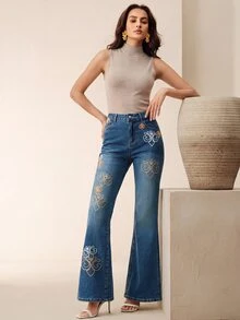 Anewsta 女款刺繡低腰修身高腰喇叭牛仔褲 - 藏蓝色 - 查看 5