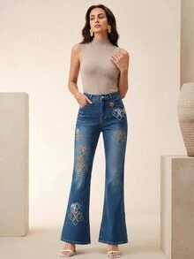 Anewsta 女款刺繡低腰修身高腰喇叭牛仔褲 - 藏蓝色 - 查看 3
