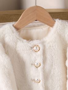 SHEIN Elladie kids Young Girl Elegant Faux Fur Pearl Button Decor Coat Fall Winter - White - View 8