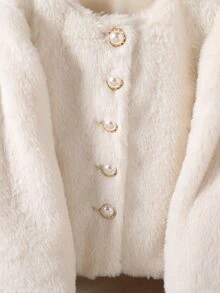 SHEIN Elladie kids Young Girl Elegant Faux Fur Pearl Button Decor Coat Fall Winter - White - View 6