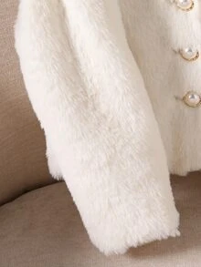 SHEIN Elladie kids Young Girl Elegant Faux Fur Pearl Button Decor Coat Fall Winter - White - View 4