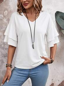 EMERY ROSE Women's Double Layer Ruffled Hem Short Sleeve T-Shirt Brunch Plain All All White Summer Casual Elegant 100 Cotton T-Shirt For Women Office Work - White - View 4