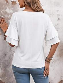 EMERY ROSE Women's Double Layer Ruffled Hem Short Sleeve T-Shirt Brunch Plain All All White Summer Casual Elegant 100 Cotton T-Shirt For Women Office Work - White - View 3