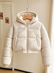 SHEIN 青少年女孩冬季外套 白色可愛寬鬆款 - 杏色 - 查看 5