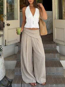 SHEIN Tall CURVE Plus Size Women's Solid Color Pleated Casual Versatile Daily Wear Wide Leg Pants Fall - Khaki - View 6