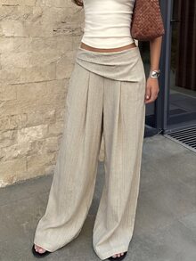 SHEIN Tall CURVE Plus Size Women's Solid Color Pleated Casual Versatile Daily Wear Wide Leg Pants Fall - Khaki - View 4