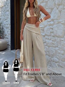 SHEIN Tall CURVE Plus Size Women's Solid Color Pleated Casual Versatile Daily Wear Wide Leg Pants Fall - Khaki - View 1